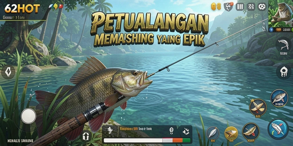 Gameplay 62HOT menampilkan pemancing yang sedang menangkap ikan di danau yang indah.