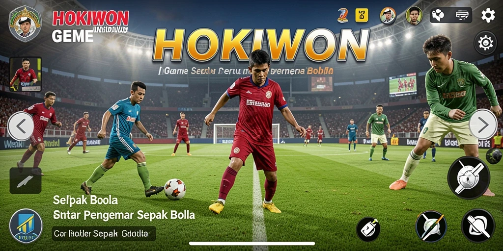 Screenshot HOKIWON menampilkan momen seru dalam pertandingan sepak bola.