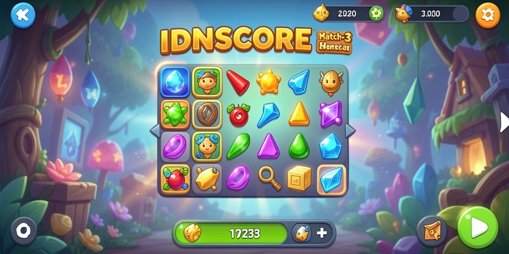 Tampilan gameplay seru dari IDNSCORE dengan berbagai permata berwarna.