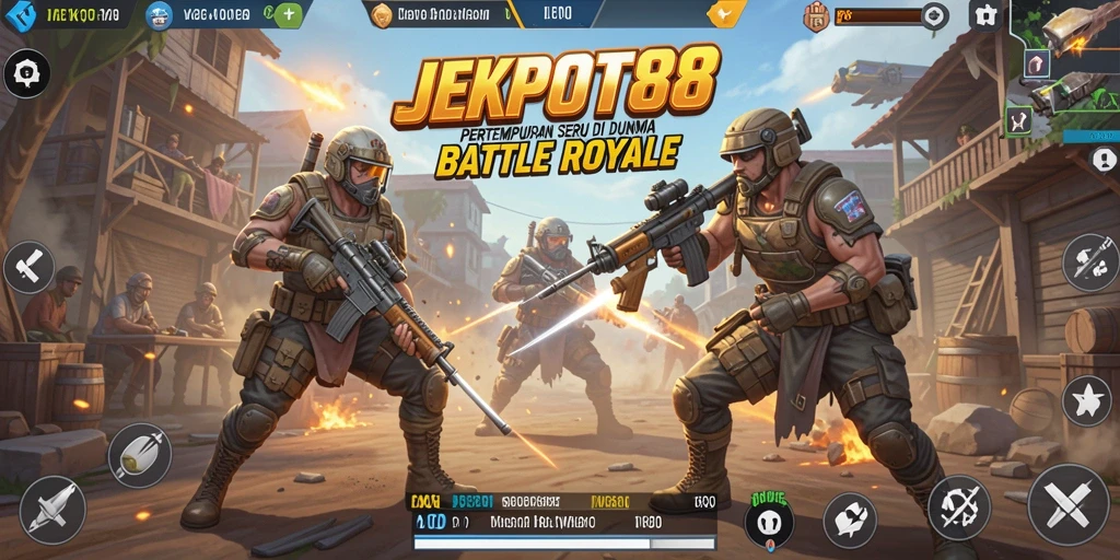Tangkapan layar gameplay JEKPOT88 yang intens dalam pertempuran Battle Royale.