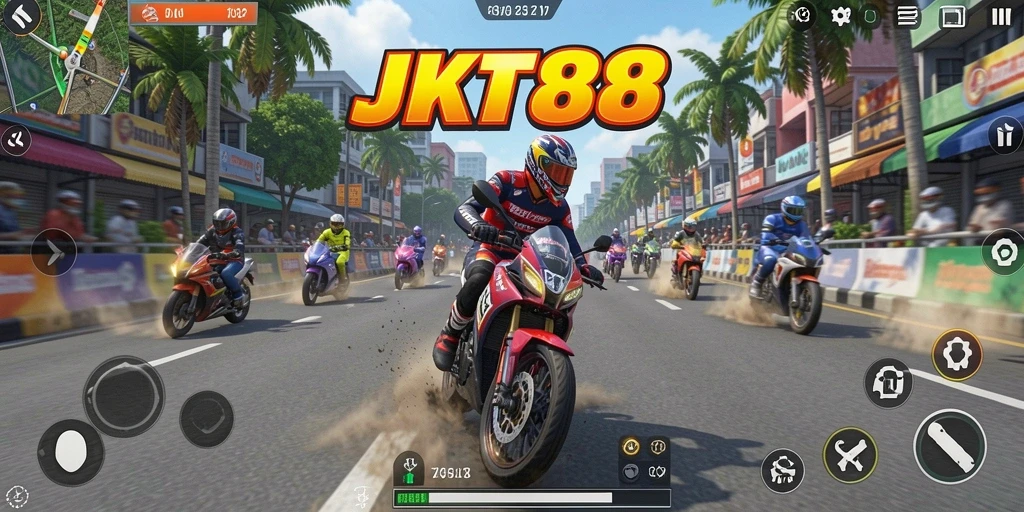 Screenshot gameplay JKT88 yang menunjukkan aksi balapan motor yang seru.