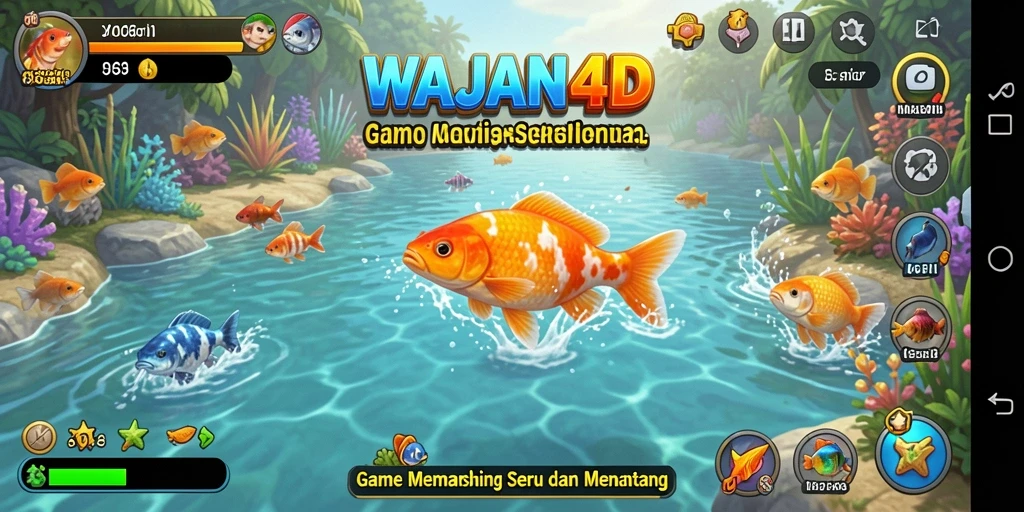 Tampilan gameplay seru dalam <strong>WAJAN4D</strong> saat menangkap ikan di laut.